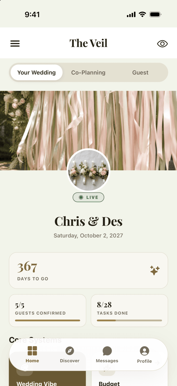 The Veil wedding home screen, showing a live countdown, guest and task progress, and the Core Systems module grid