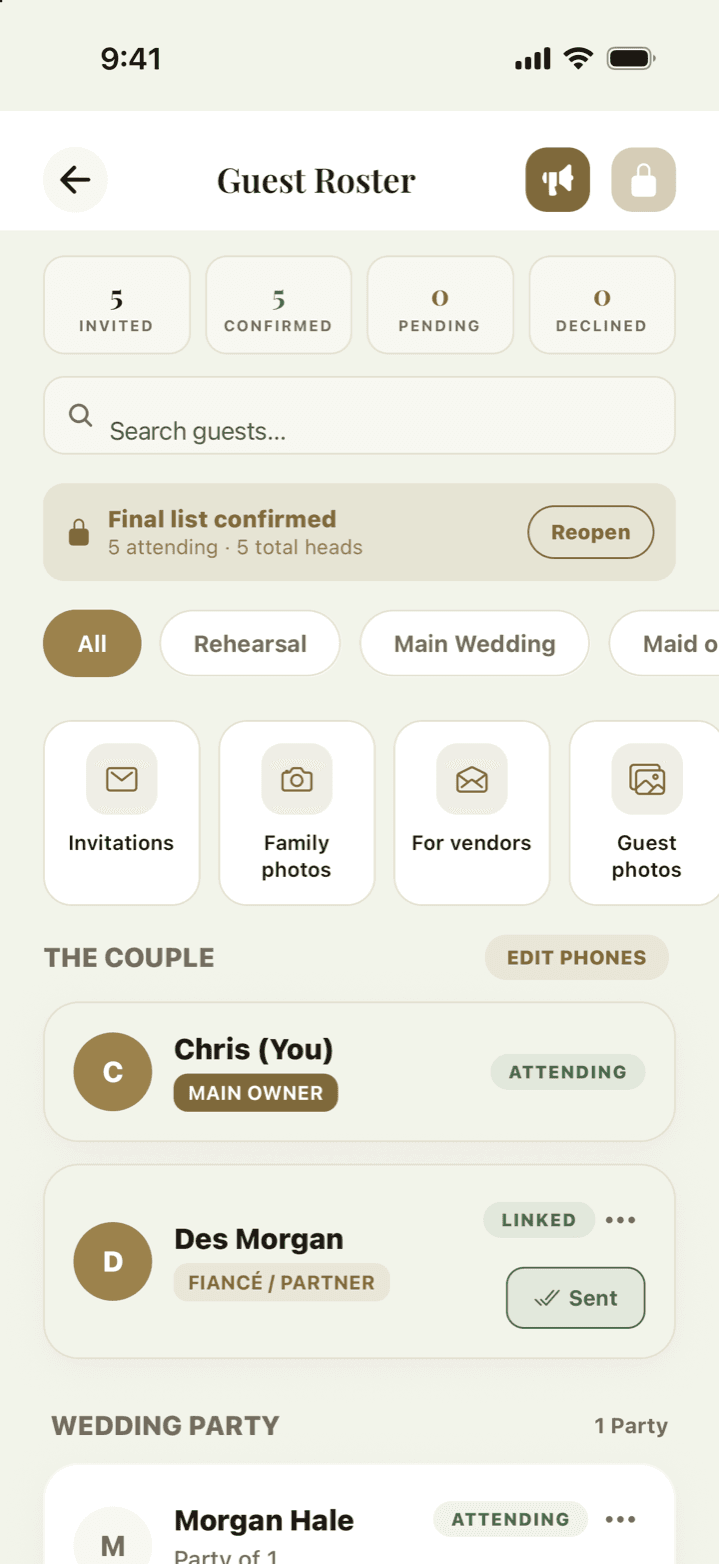 The Veil guest roster, showing RSVP counts, group filters, the shareable roster code and individual guest cards