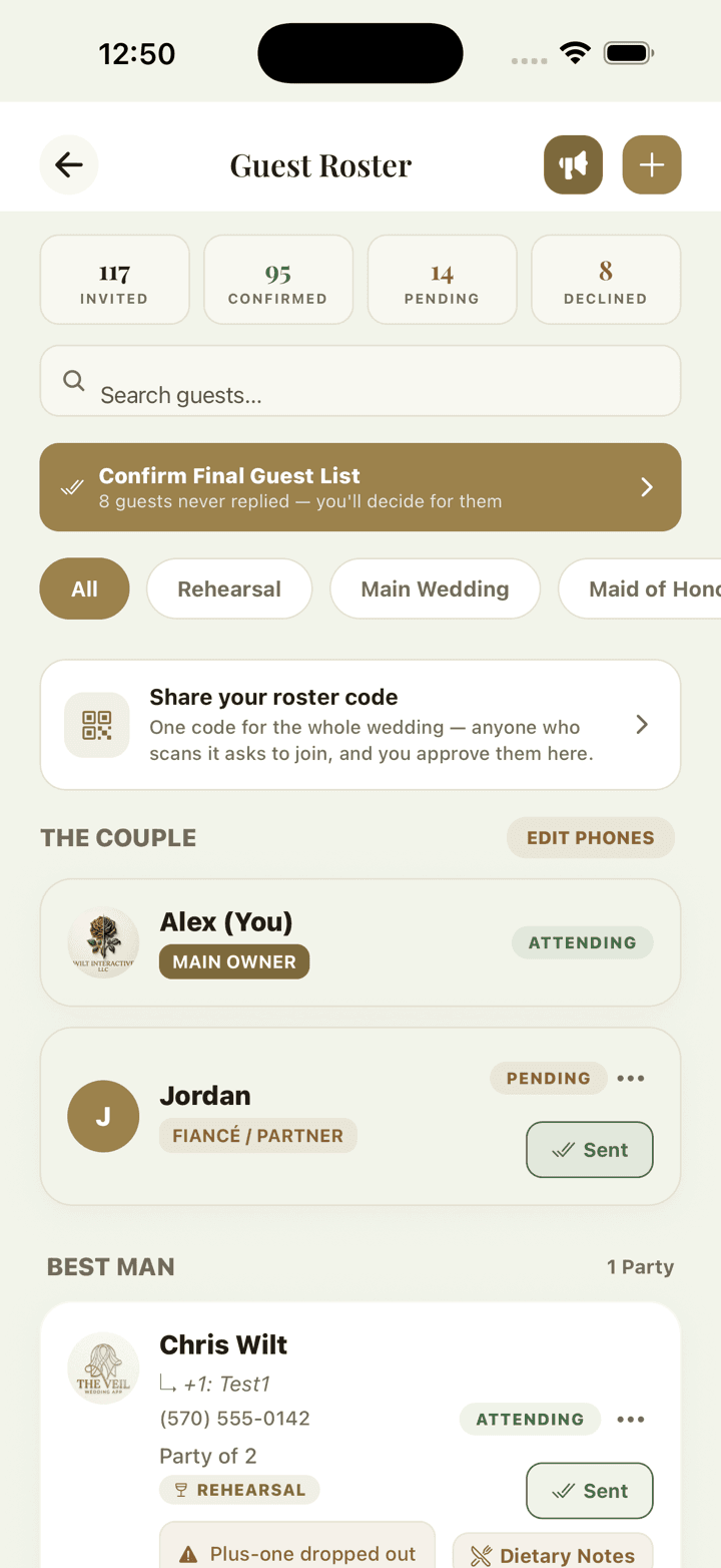 The Veil guest roster, showing RSVP counts, group filters, the shareable roster code and individual guest cards