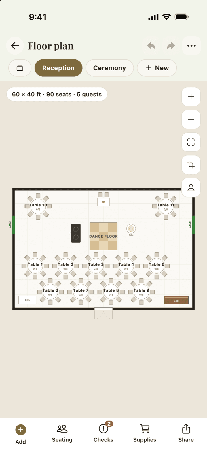 The Veil floor planner, showing a seating canvas with round and rectangular tables, a dance floor, bar and DJ booth