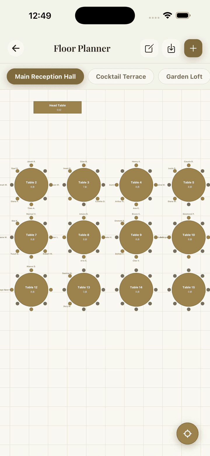 The Veil floor planner, showing a seating canvas with round and rectangular tables, a dance floor, bar and DJ booth