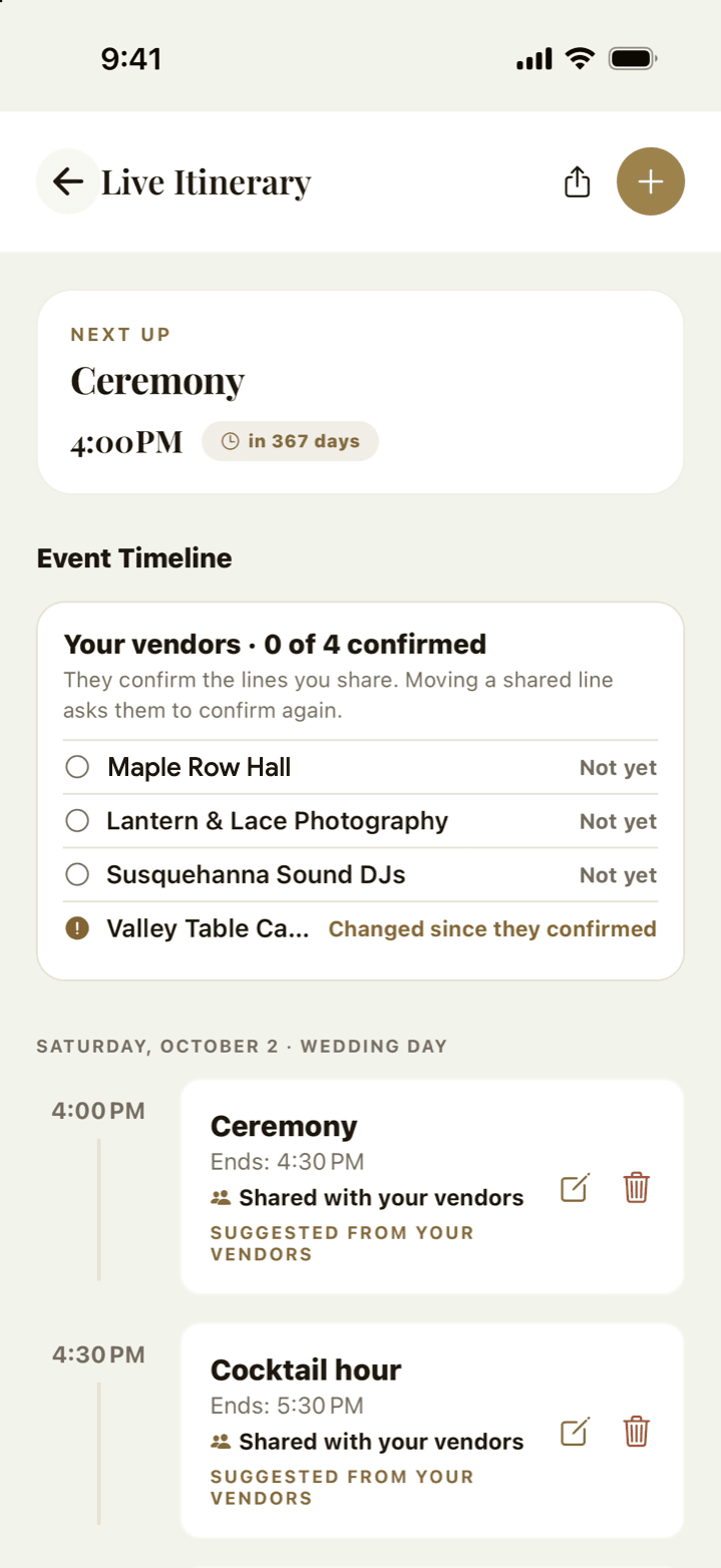The Veil live itinerary, showing an event timeline with times, durations and edit controls
